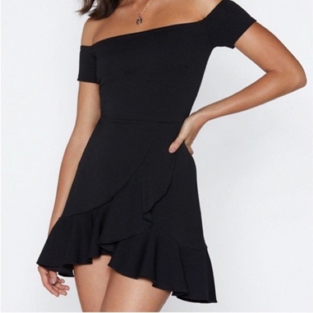 nastygal black minidress with off the shoulder cap sleeves